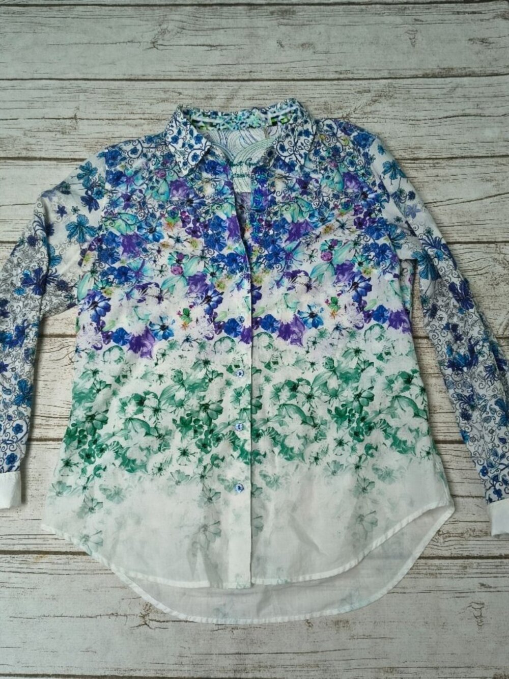 Robert Graham Floral Green And Blue Water Color Button Down Shirt Size Small